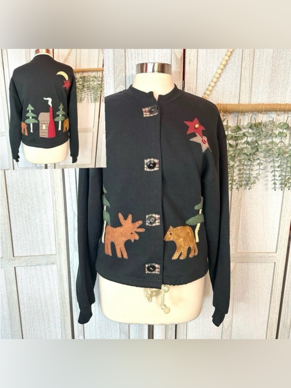 Rustic Wilderness Moose Bear Cardigan Tree Cabin Sweater Womens Black Large Vtg